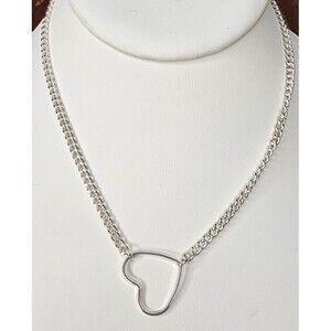Retro Silver Tone Open Heart Charm Pendant Necklace 15.5 inch